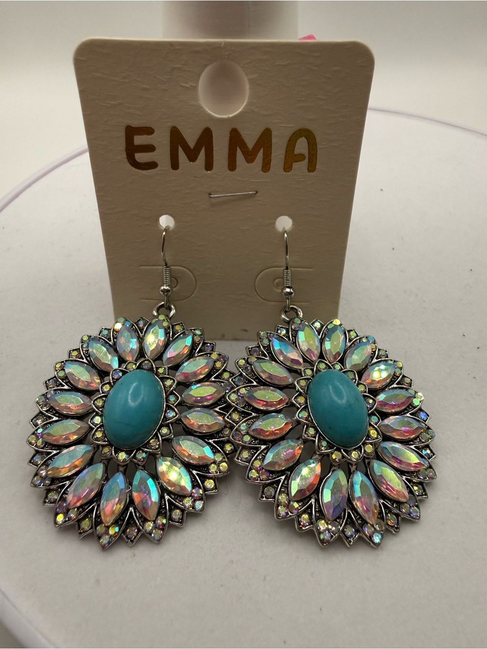 Turquoise Oval & Iridescent Floral Drop Earrings